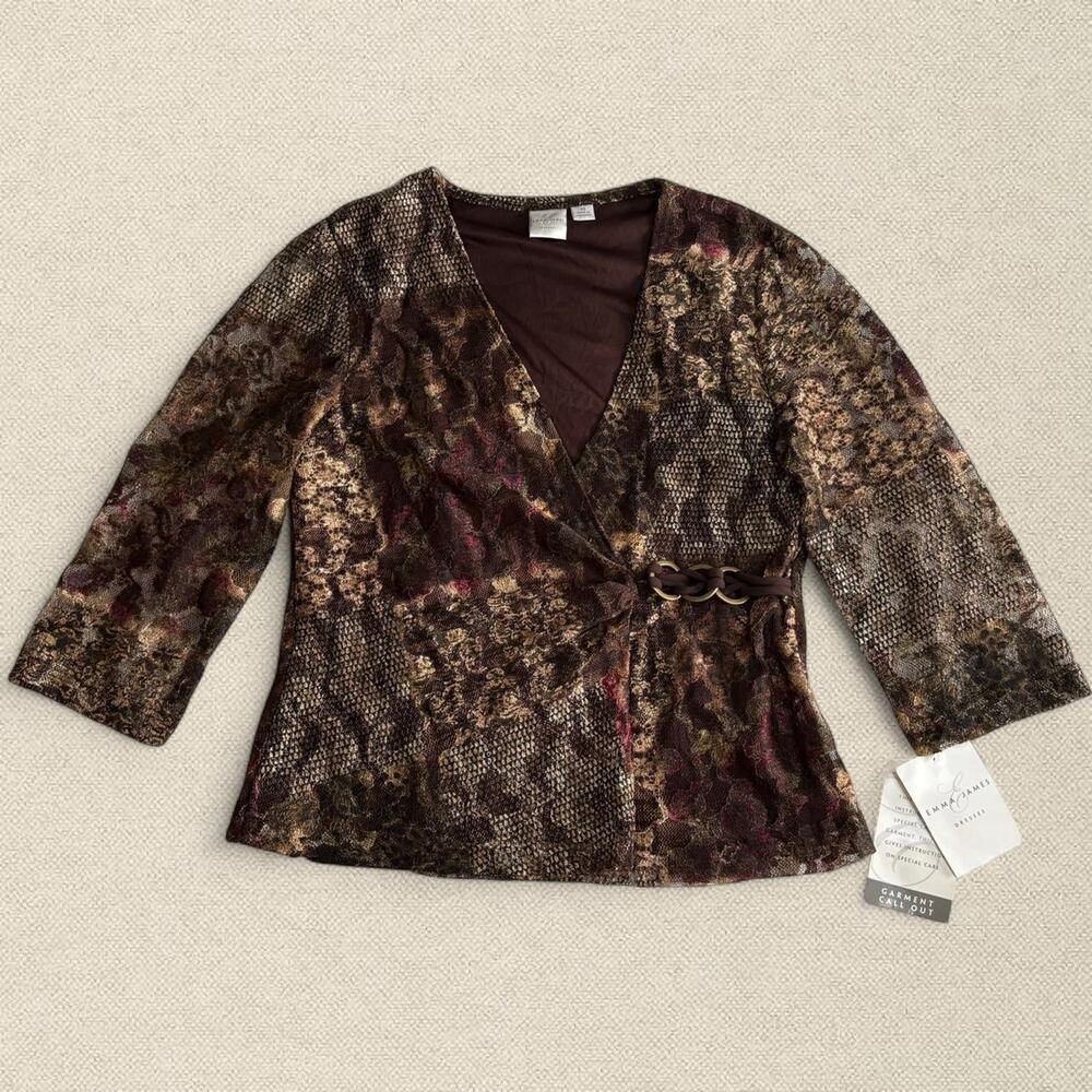 BNWT Lace Overlay Faux Wrap Top 3/4 Sleeves Brown Multicolor Patchwork